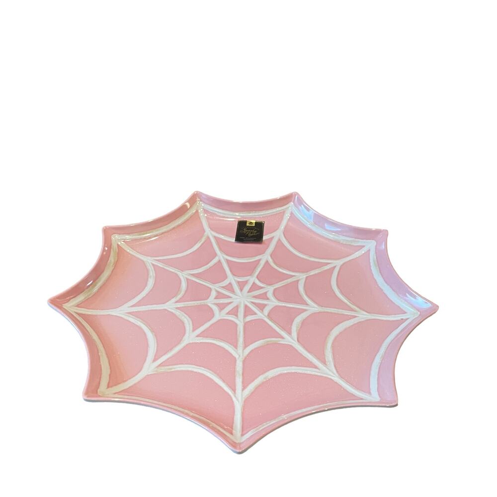 SPOOKY NIGHT Large Melamine Spider's Web Serving Tray 16in Pink & White BOO New - Picture 2 of 14